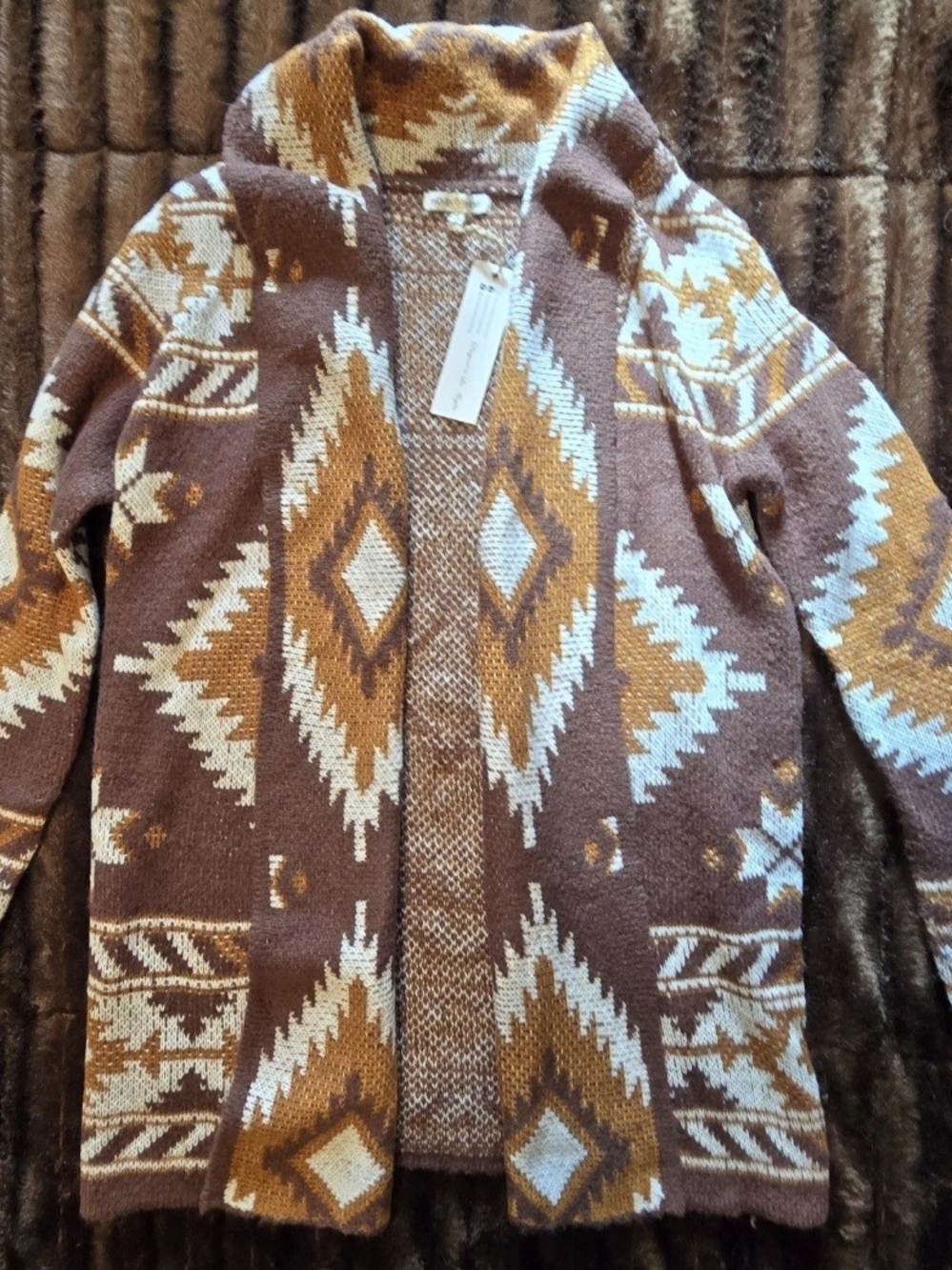 Woven Heart Women's M Open Front Brown Aztec Print Long Sleeve Knit Cardigan